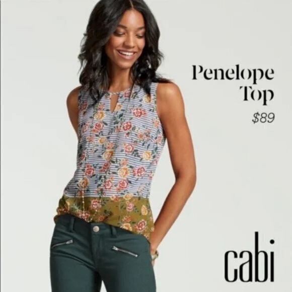 CAbi Penelope Sleeveless Top 5354 Striped Floral Blouse Womens Size‎ M Layered - Picture 1 of 8